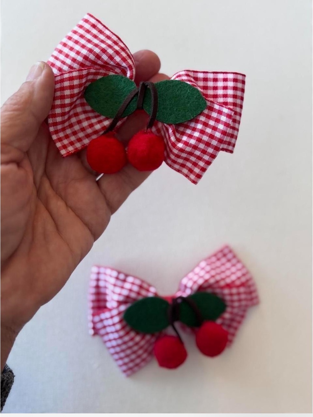 Red Gingham Cherry Bow Hair Clips Set of 2 Retro